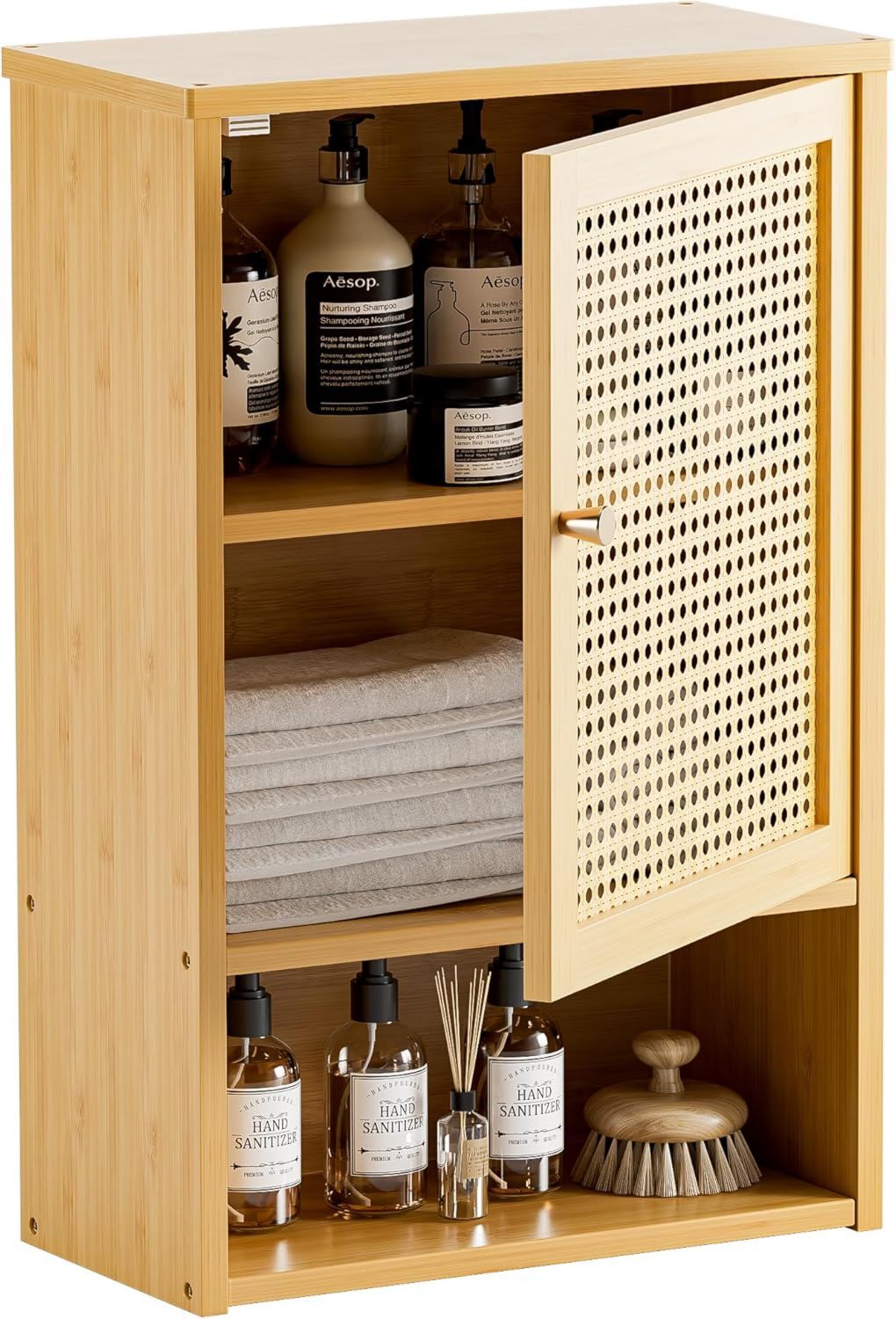 Mobile HITNET Bagno Sospeso in Rattano Armadietto da muro bagno in Bambù con Ripiani Regolabili Archiviazione sopra il Water per Cucina Soggiorno Lavanderia Naturale