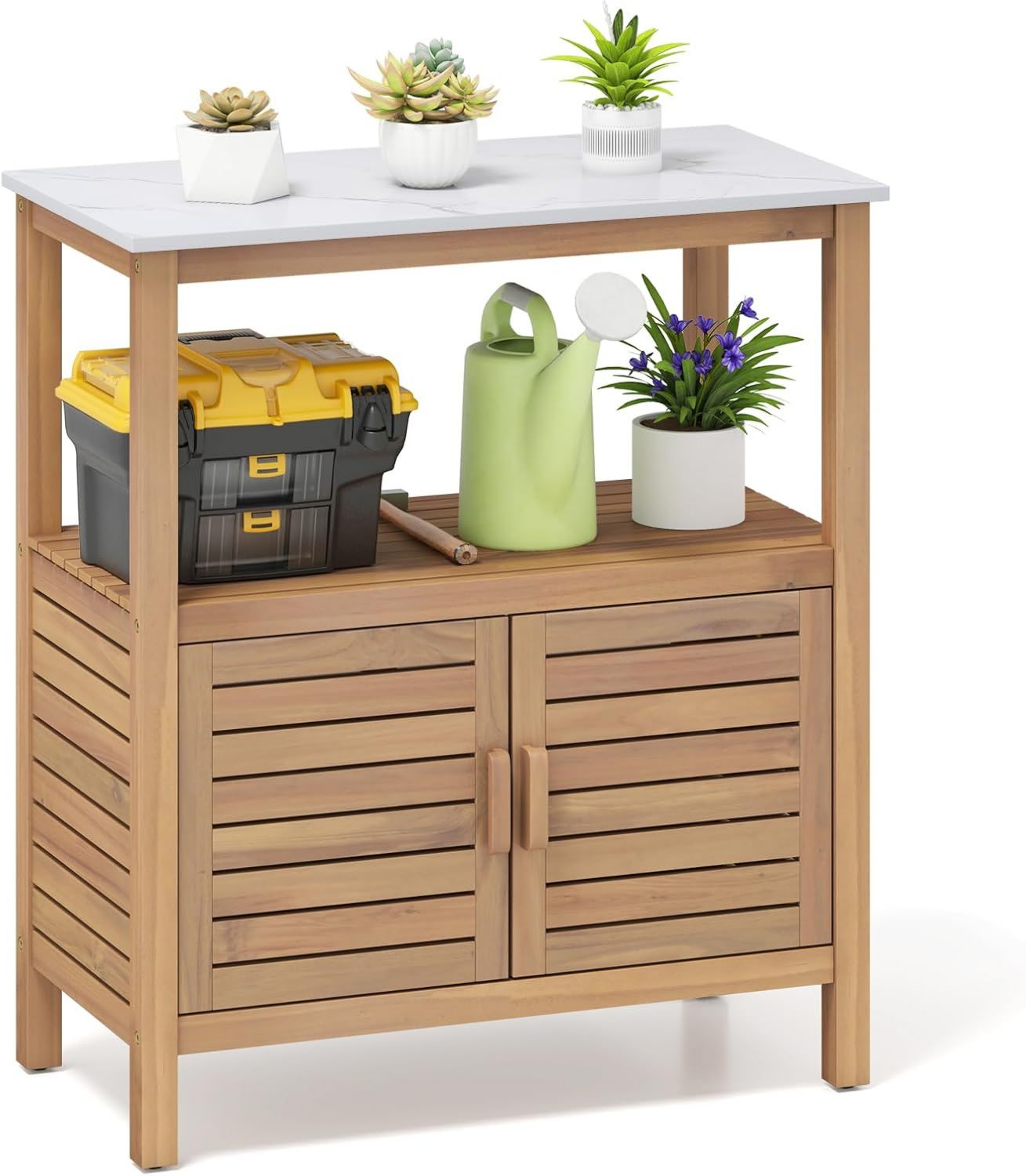 Armadio Mendler con piano di lavoro da esterno giardinaggio attrezzi HWC L69 86 x 99 x 56cm legno bianco