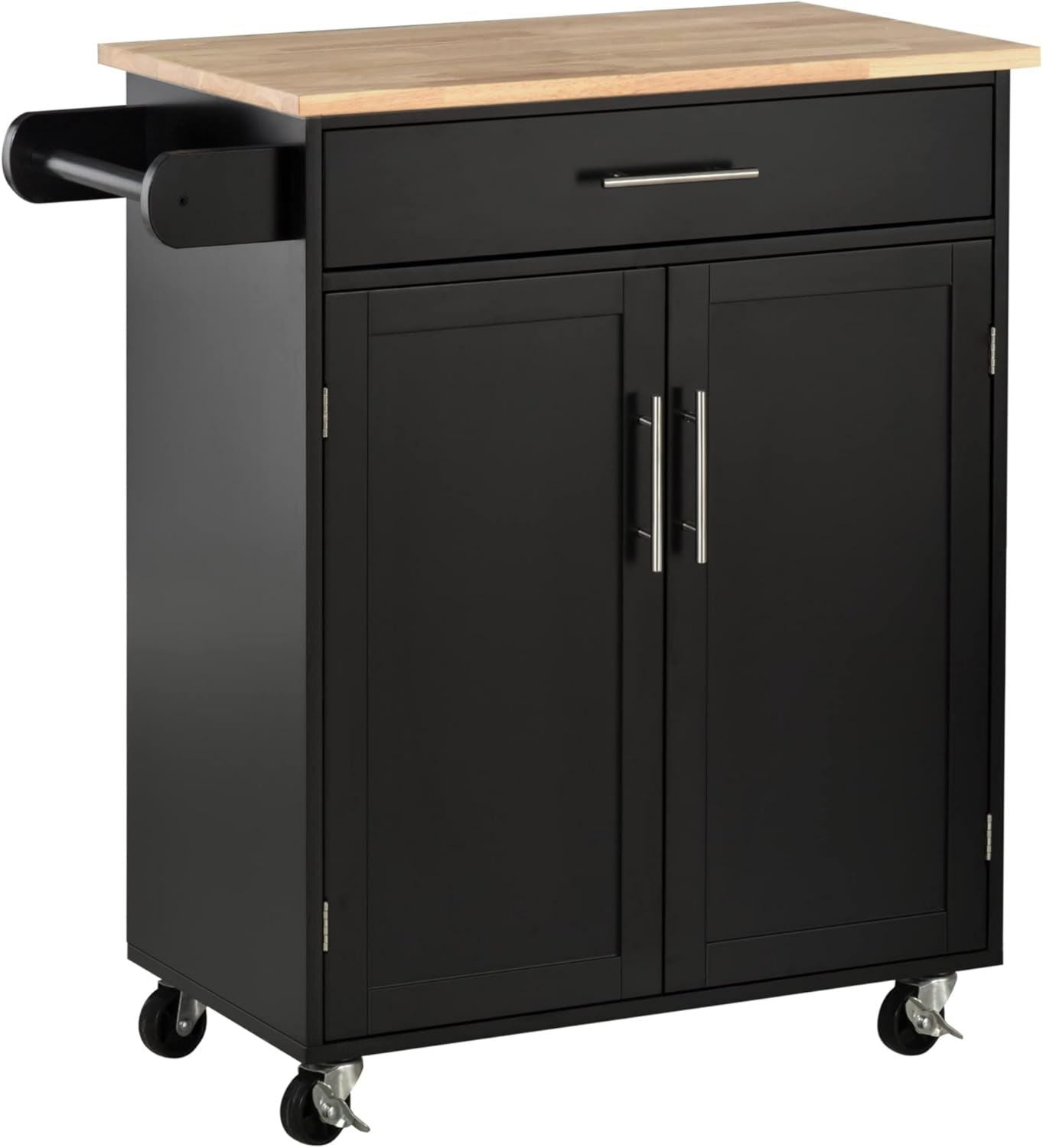 Armadietto HOMCOM Carrello da Cucina con Cassetto Armadietto 2 Ante Isola Cucina Ruote Barra Laterale 83 x 45 x 91.5cm Nero per Asciugamani