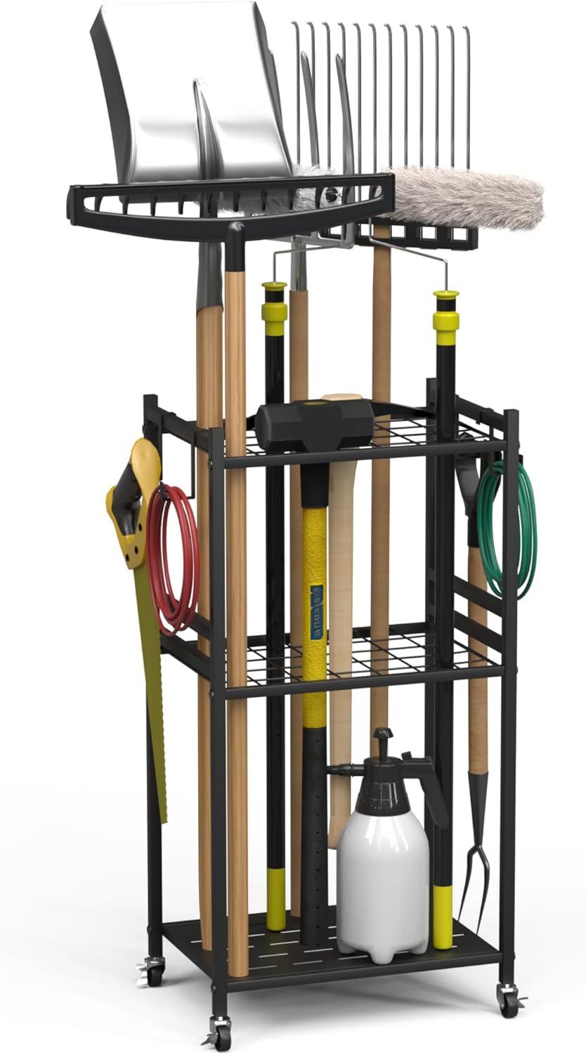 Porta Attrezzi da Giardino 35 Slot 3 livelli 42x30x85cm M 35 posizioni per attrezzi lunghi corti 4 ganci ruote con freno robusto multiuso per giardino garage...